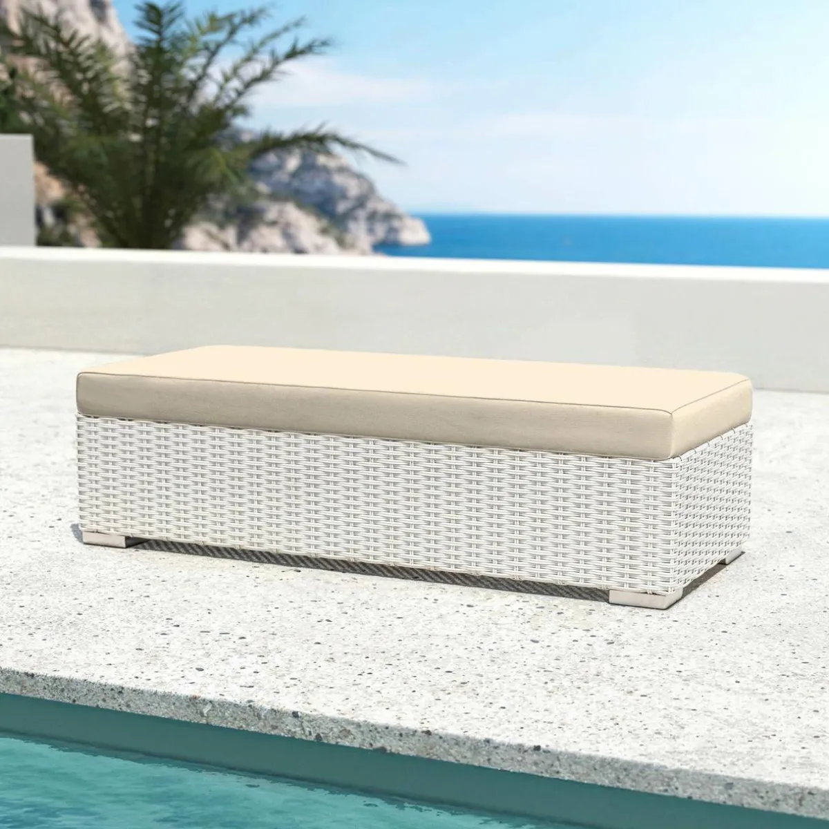 MOBELLIA Banquette en résine tressée 2 places Palma Blanc et beige Tresse Blanc - Beige Hot