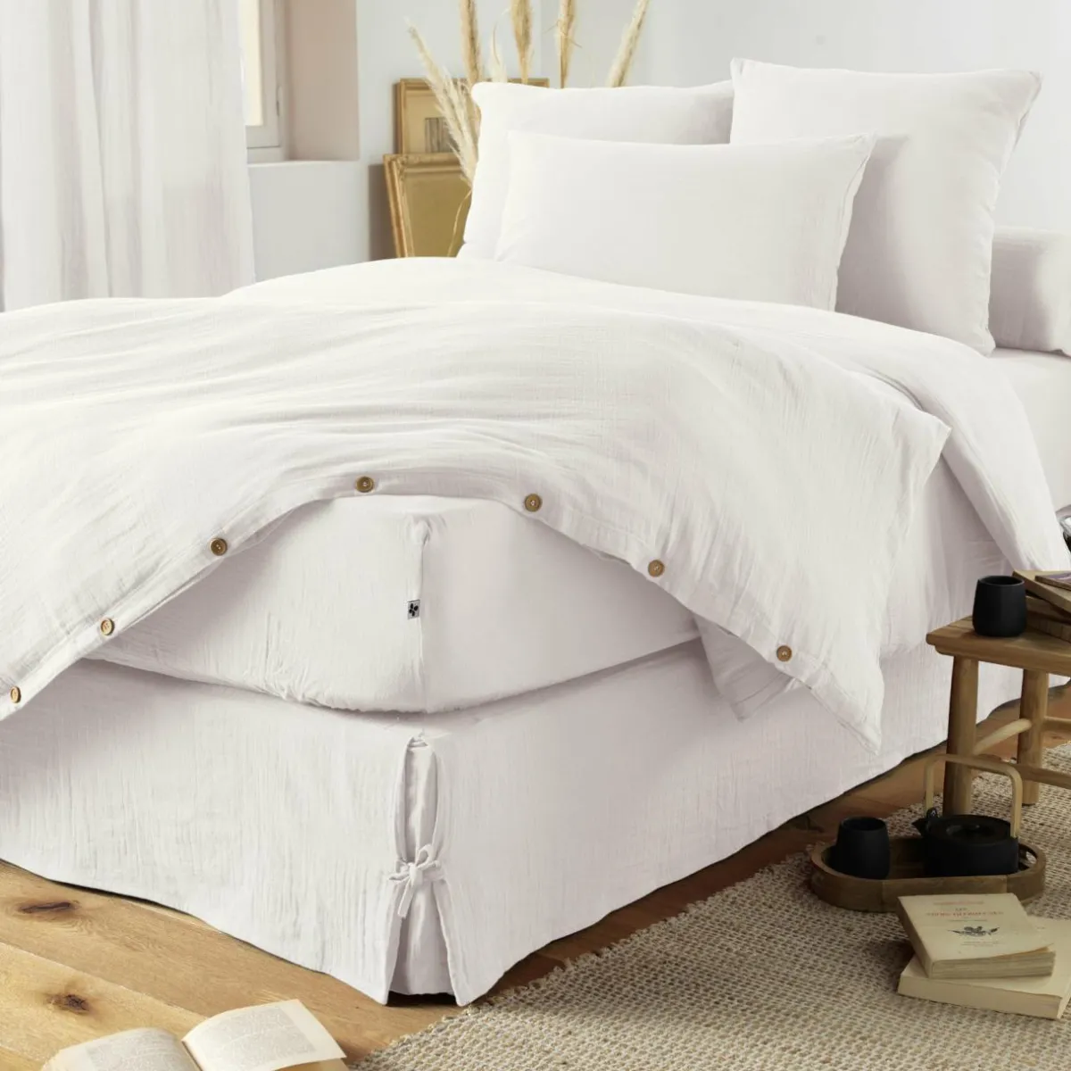 EMINZA Cache-sommier Gaze de coton (160 x 200 cm) Gaïa chantilly Blanc Sale