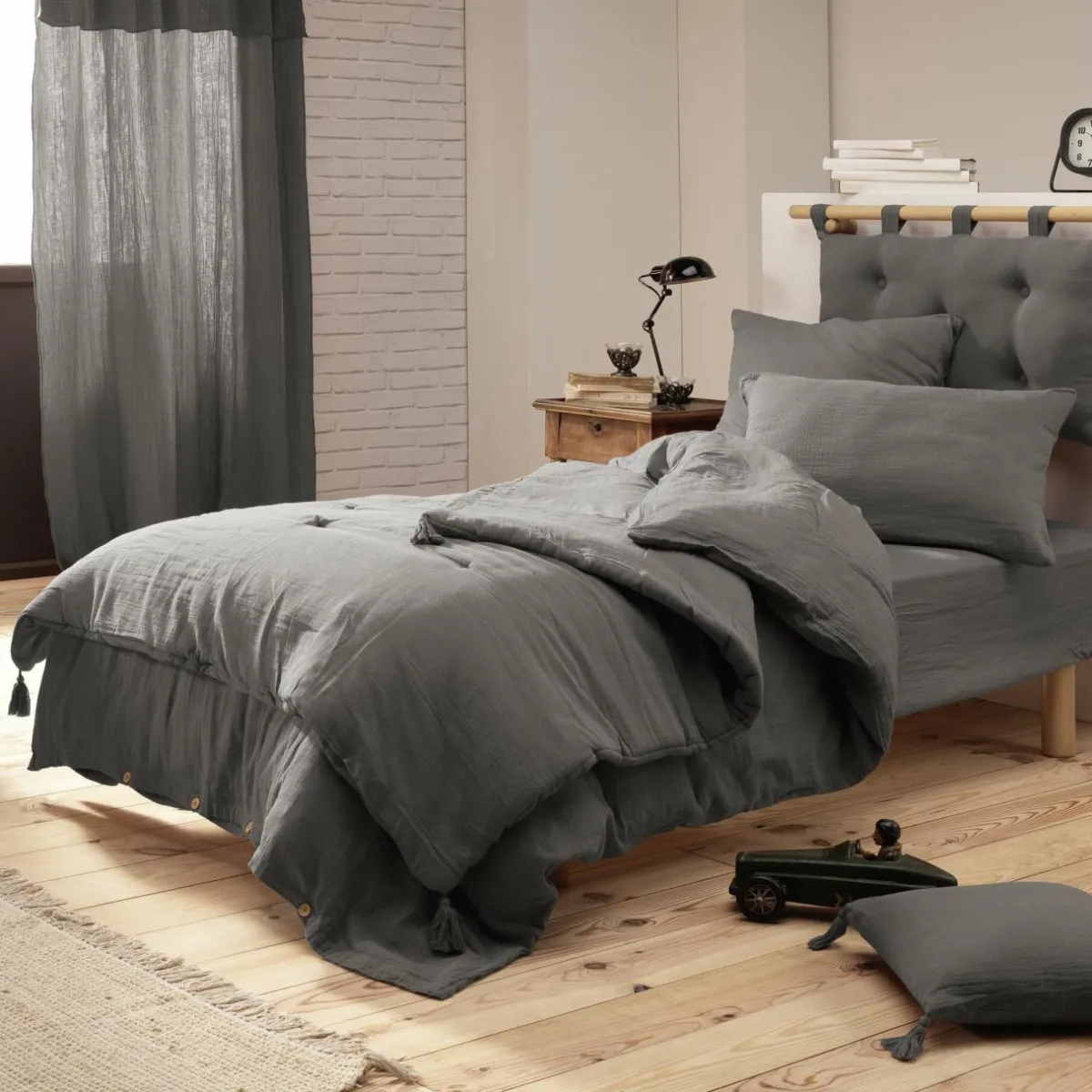 EMINZA Cache-sommier Gaze de coton (90 x 190 cm) Gaïa Gris granit Gris foncé Online