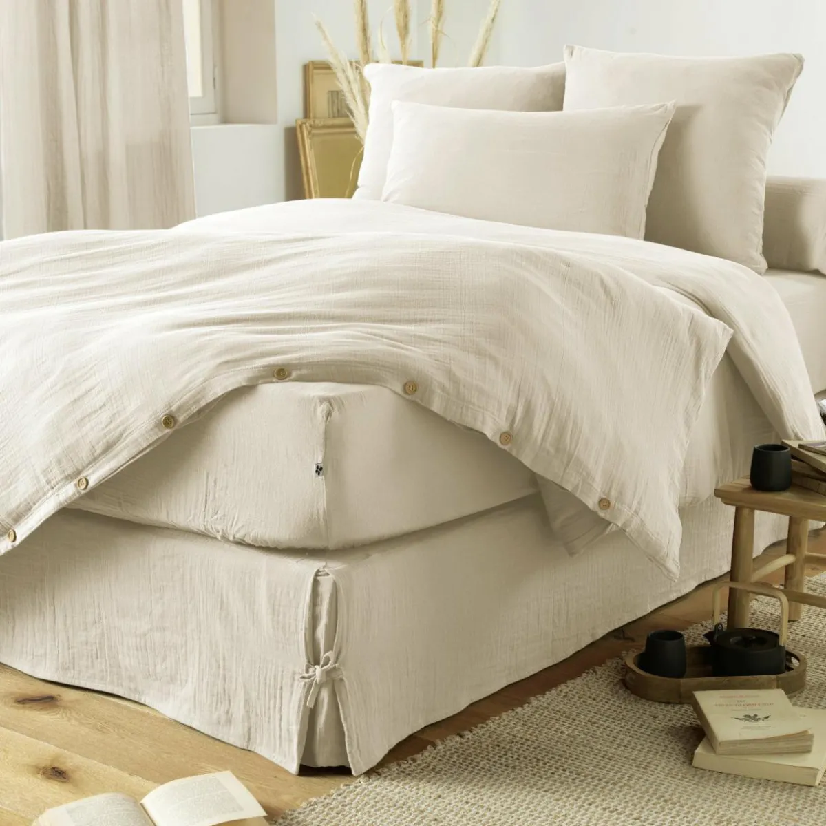 EMINZA Cache-sommier Gaze de coton (180 x 200 cm) Gaïa pampa Beige New