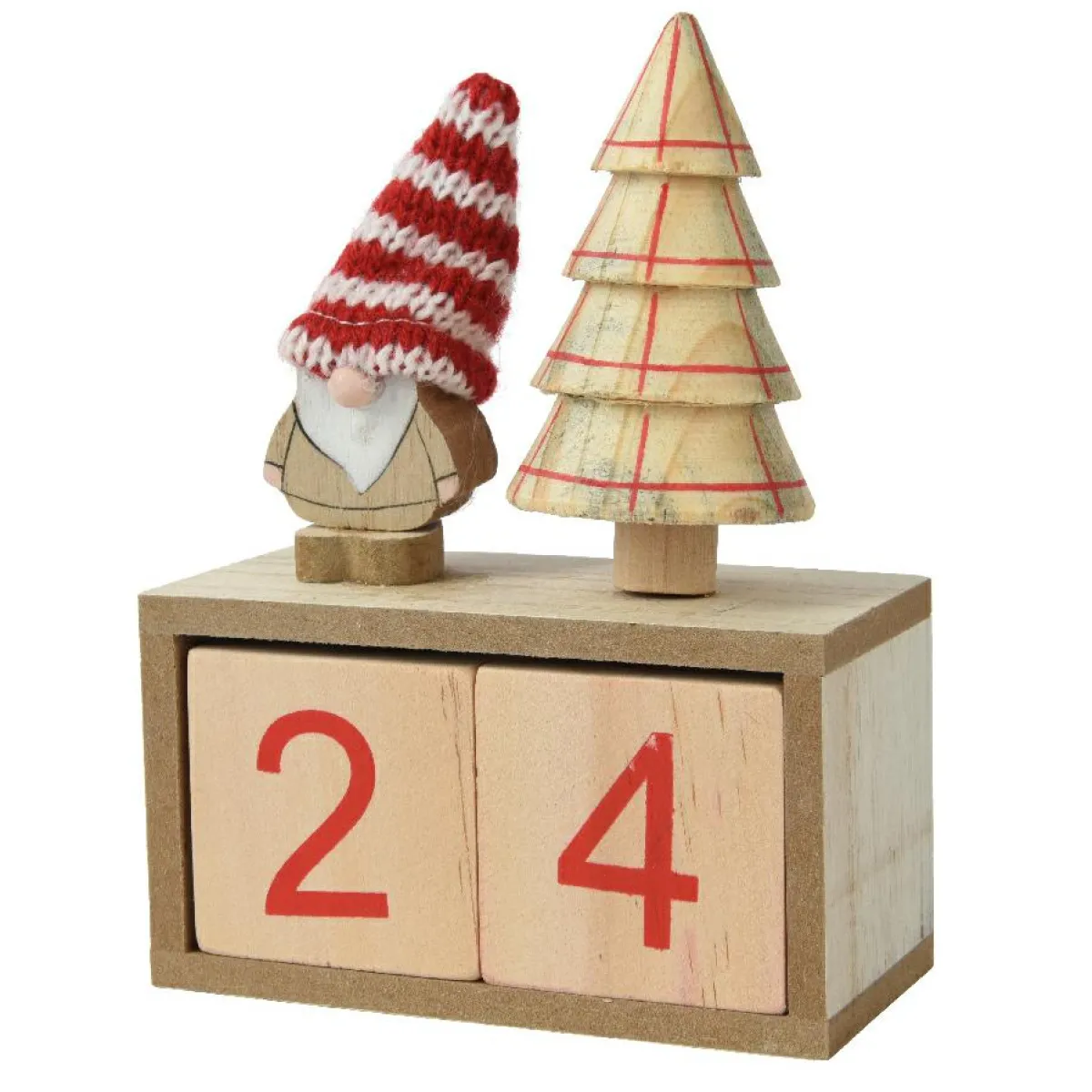 KAEMINGK Calendrier de Noël cubes en bois (H18 cm) Père Noël bonnet Rouge Naturel New