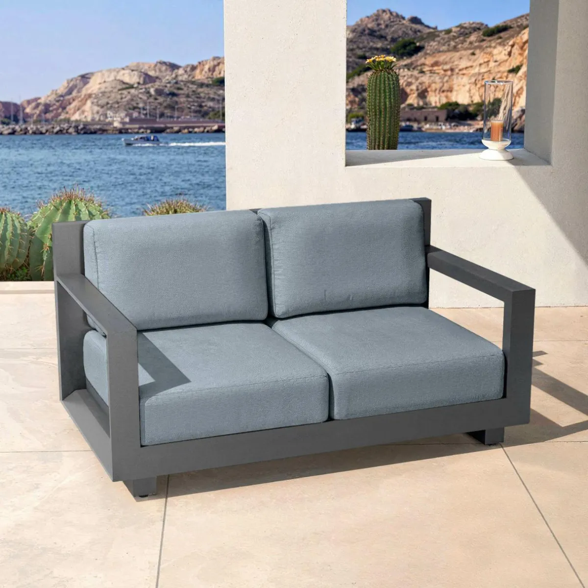 MOBELLIA Canapé de jardin en aluminium 2 places Elba Gris Anthracite Clearance
