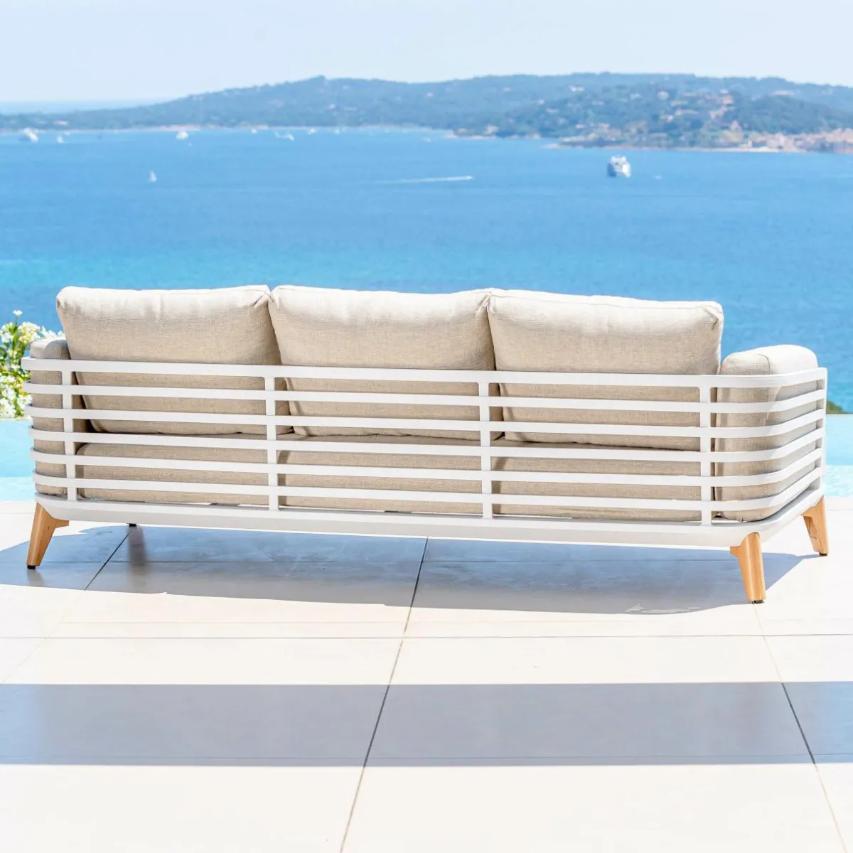 MOBELLIA Canapé de jardin en aluminium 3 places Monte Carlo Blanc et taupe Blanc - Taupe Hot