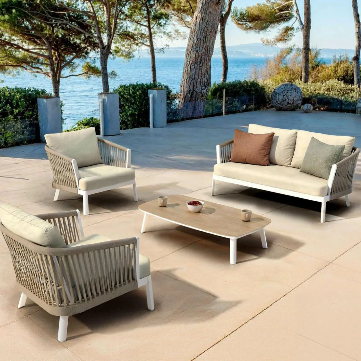 MOBELLIA Canapé de jardin en aluminium 2 places Amalfi Blanc et beige Blanc - Beige Hot