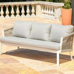 MOBELLIA Canapé de jardin en aluminium 3 places Amalfi Blanc et taupe Blanc - Taupe Outlet