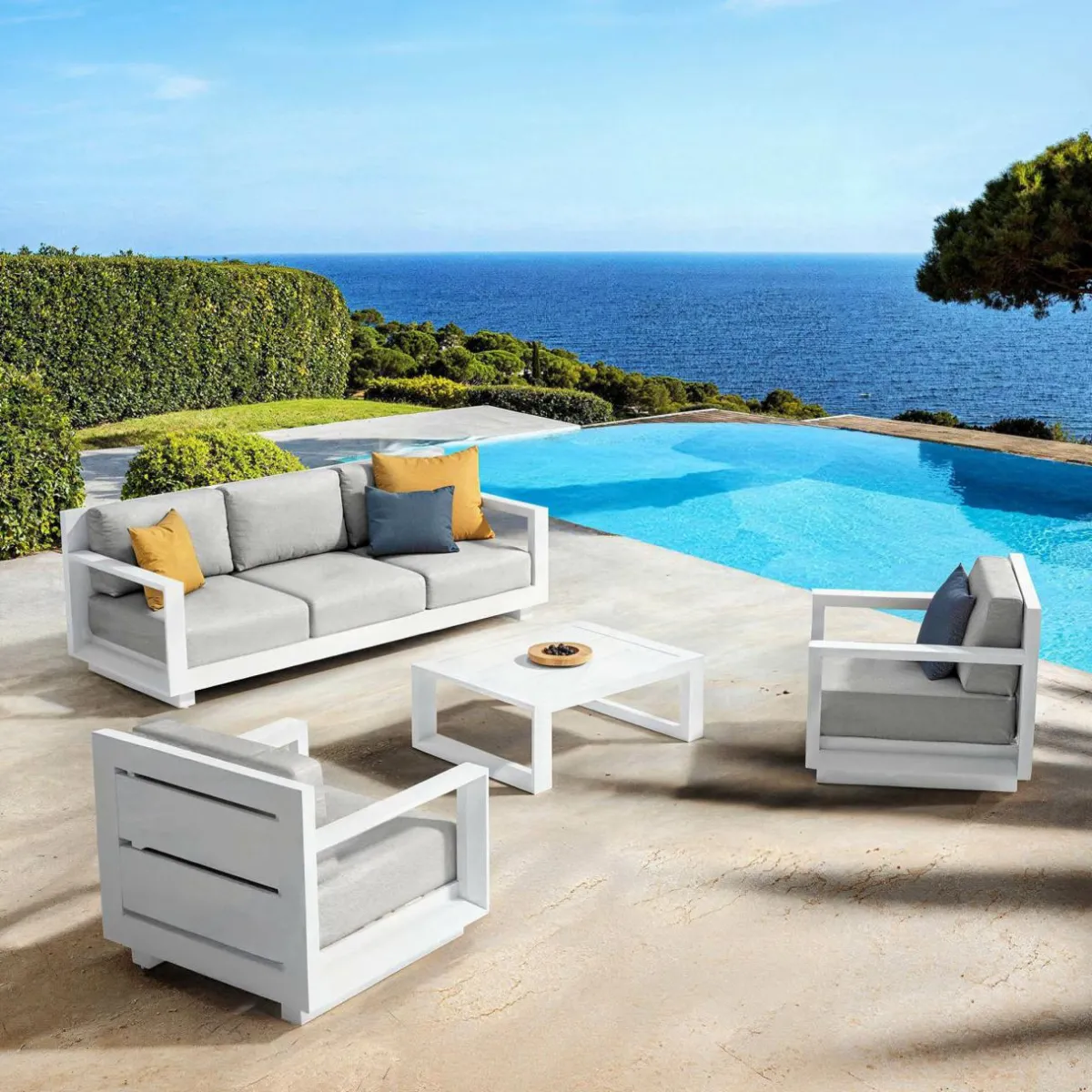 MOBELLIA Canapé de jardin en aluminium 3 places Elba Blanc et gris clair Blanc - Gris Clair