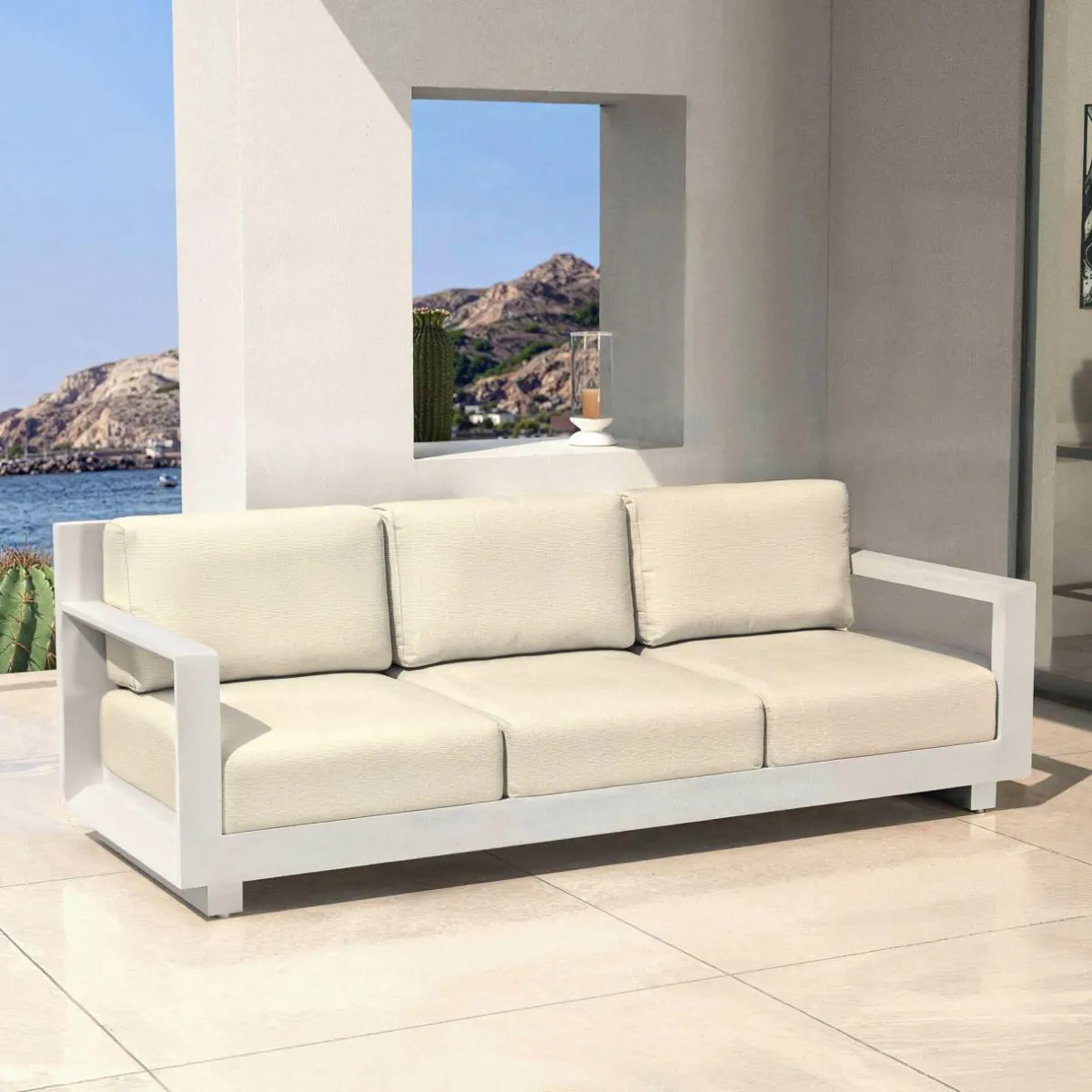 MOBELLIA Canapé de jardin en aluminium 3 places Elba Blanc et beige Blanc - Beige Best