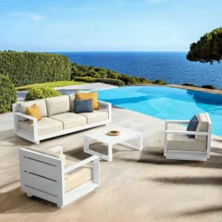 MOBELLIA Canapé de jardin en aluminium 3 places Elba Blanc et beige Blanc - Beige Best