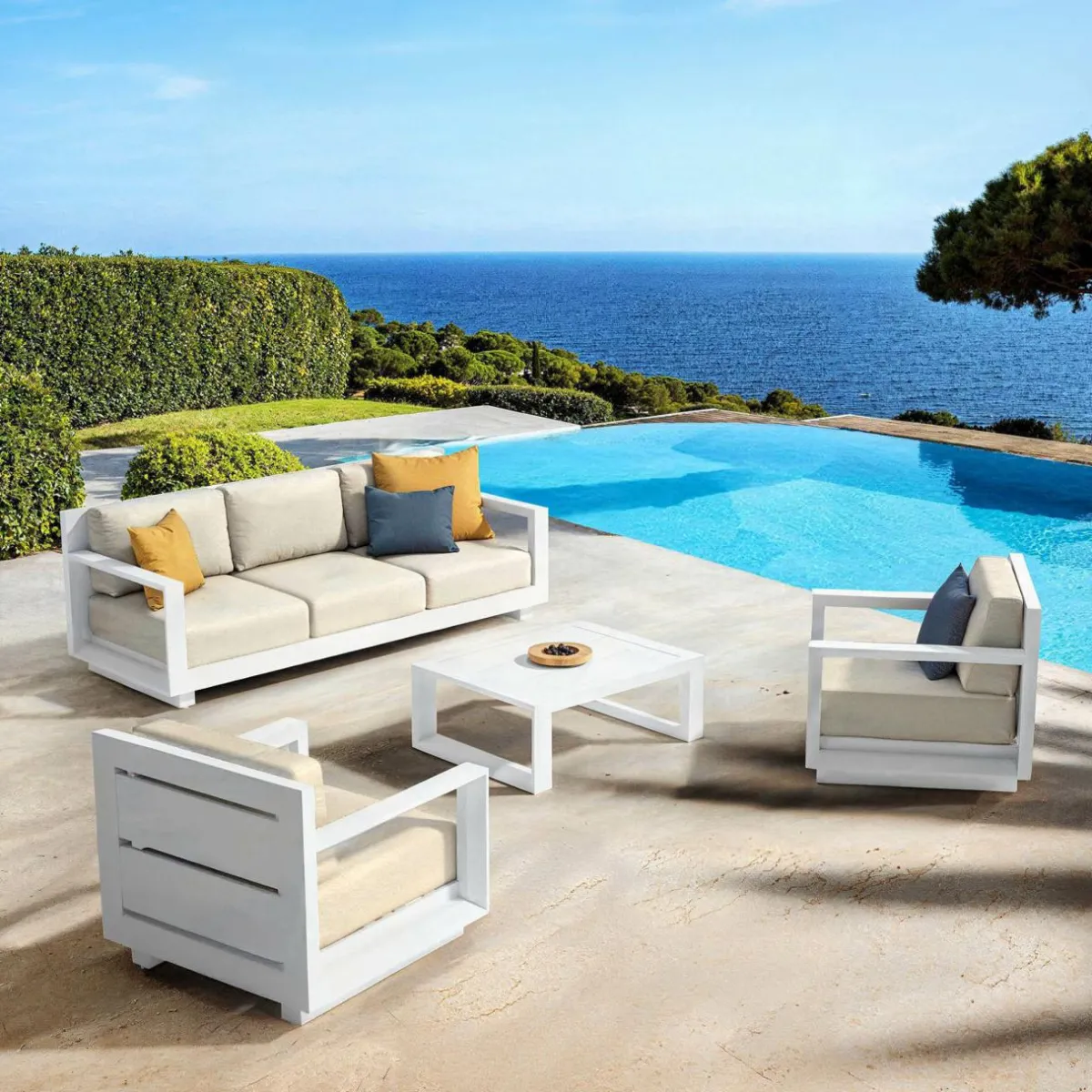 MOBELLIA Canapé de jardin en aluminium 3 places Elba Blanc et beige Blanc - Beige Best