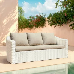MOBELLIA Canapé de jardin en résine tressée 3 places Calvi Blanc et taupe Tressé Blanc - Taupe New