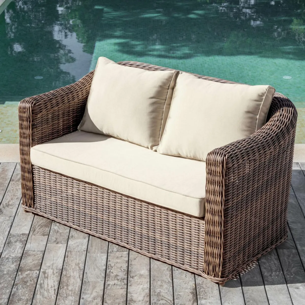 MOBELLIA Canapé de jardin en résine tressée 2 places Calvi Sépia et beige Tressé Sepia - Beige New