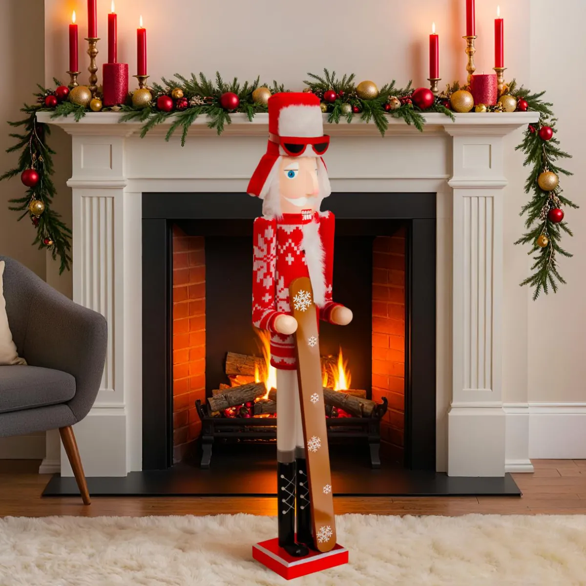 JJA Casse-noisette en bois (H106 cm) Tomi en ski et blanc Rouge Sale