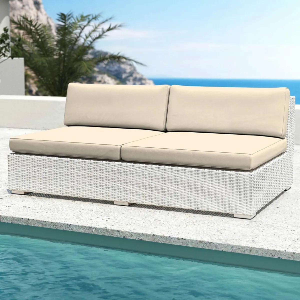 MOBELLIA Chauffeuse de jardin en résine tressée 2 places Palma Blanc et beige Tresse Blanc - Beige Sale