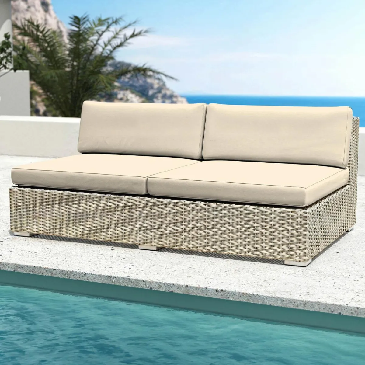 MOBELLIA Chauffeuse de jardin en résine tressée 2 places Palma Gris et beige Tresse Gris - Beige Sale