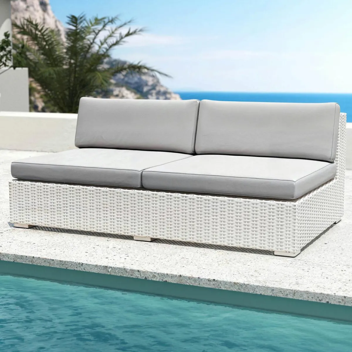 MOBELLIA Chauffeuse de jardin en résine tressée 2 places Palma Blanc et gris Tresse Blanc - Gris