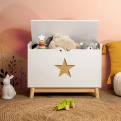 EMINZA Coffre à jouet avec couvercle enfant bois (H51 cm) Stars Blanc Discount
