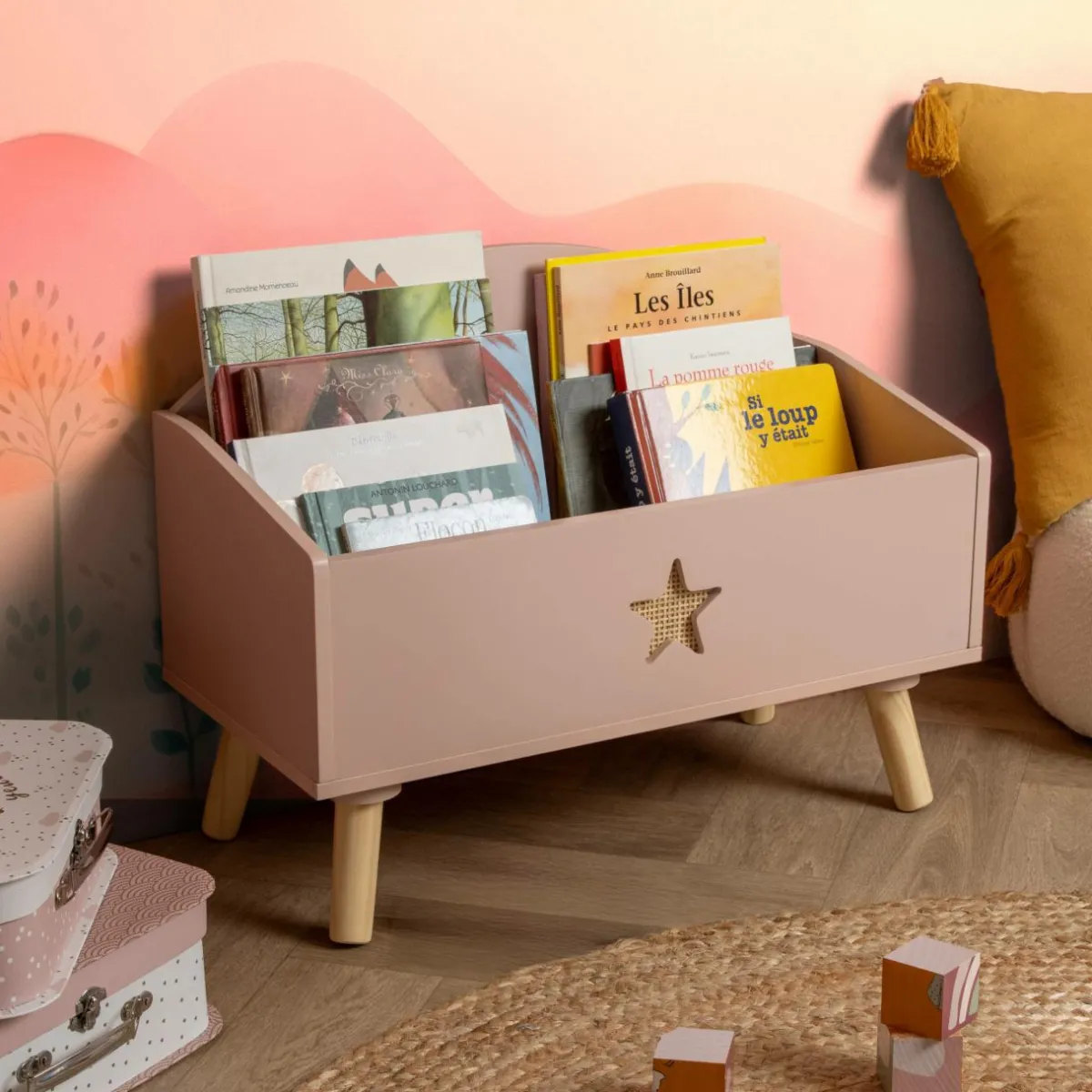EMINZA Coffre à jouet ouvert enfant bois (H44 cm) Stars Rose Discount