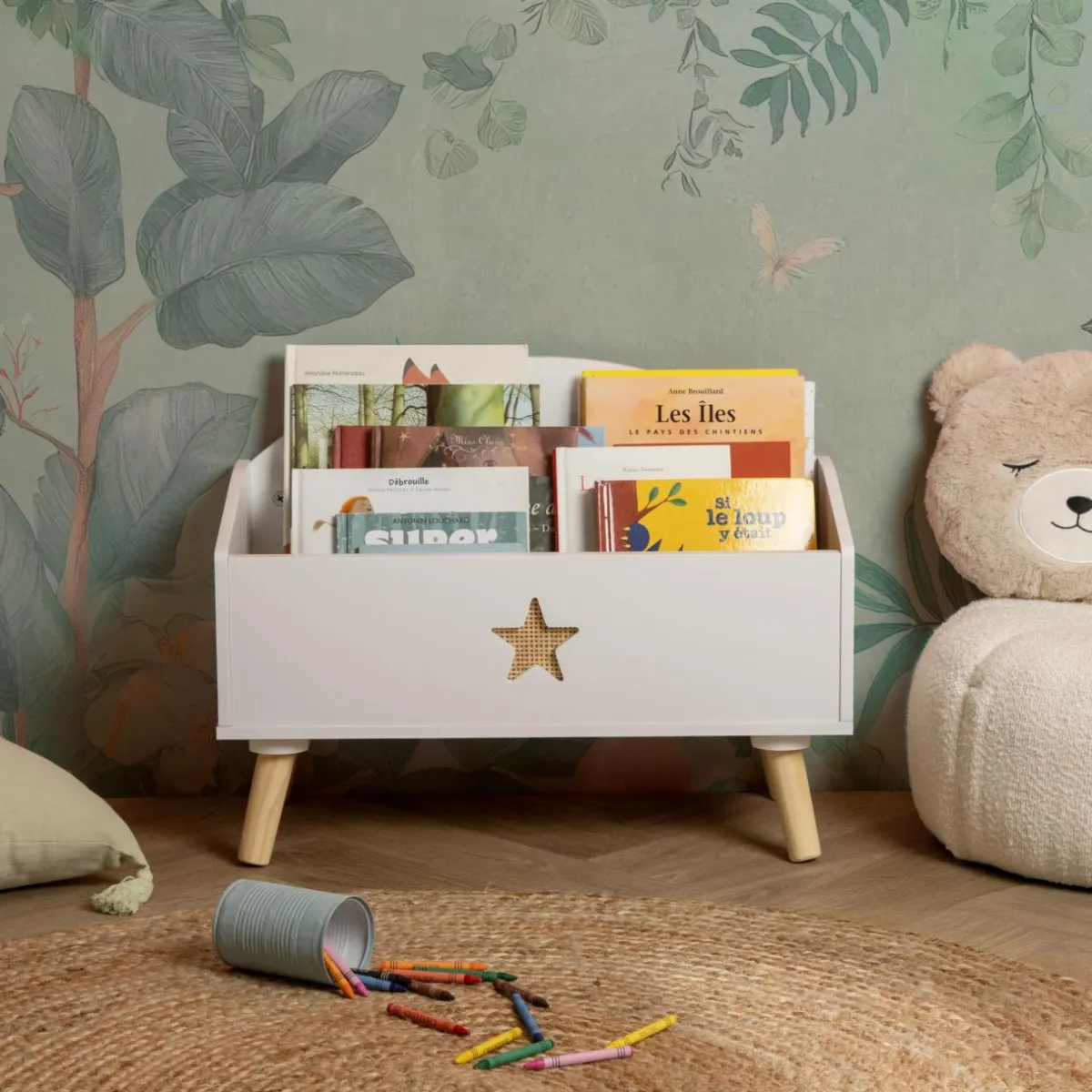 EMINZA Coffre à jouet ouvert enfant bois (H44 cm) Stars Blanc New
