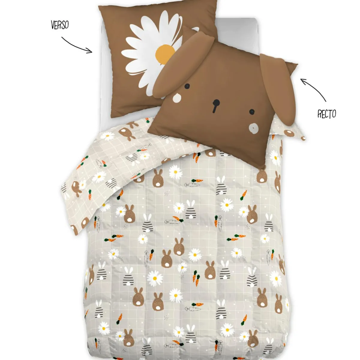 L'EFFET PAPILLON Couette imprimée enfant et sa taie d'oreiller (140 x 200 cm) Pompon Marron Sale