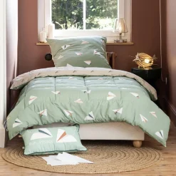 L'EFFET PAPILLON Couette imprimée enfant et une taie d'oreiller (140 x 200 cm) Petits papiers e Vert Outlet