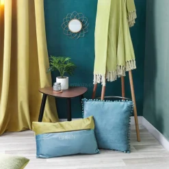ATMOSPHERA Coussin carré (40 x 40 cm) Pompons Bleu canard Online
