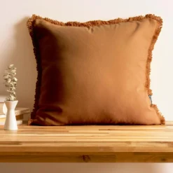 EMINZA Coussin carré coton (45 x 45 cm) Pixel franges Camel Discount