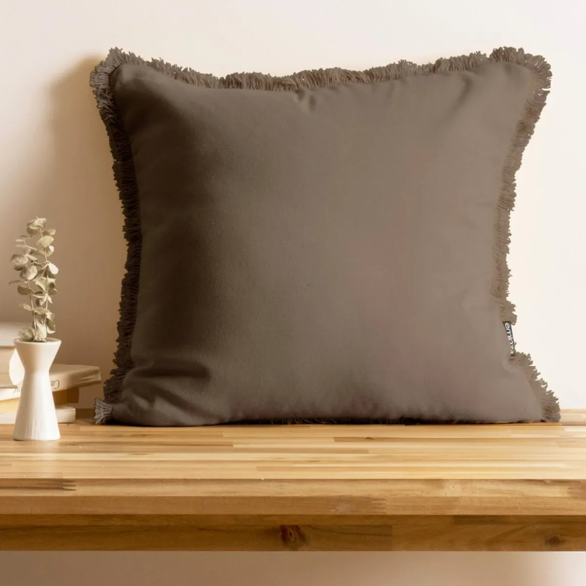 EMINZA Coussin carré coton (45 x 45 cm) Pixel franges Taupe Discount