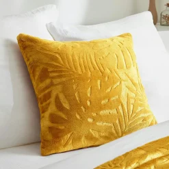 EMINZA Coussin carré flanelle (45 x 45 cm) Flore Jaune moutarde Hot