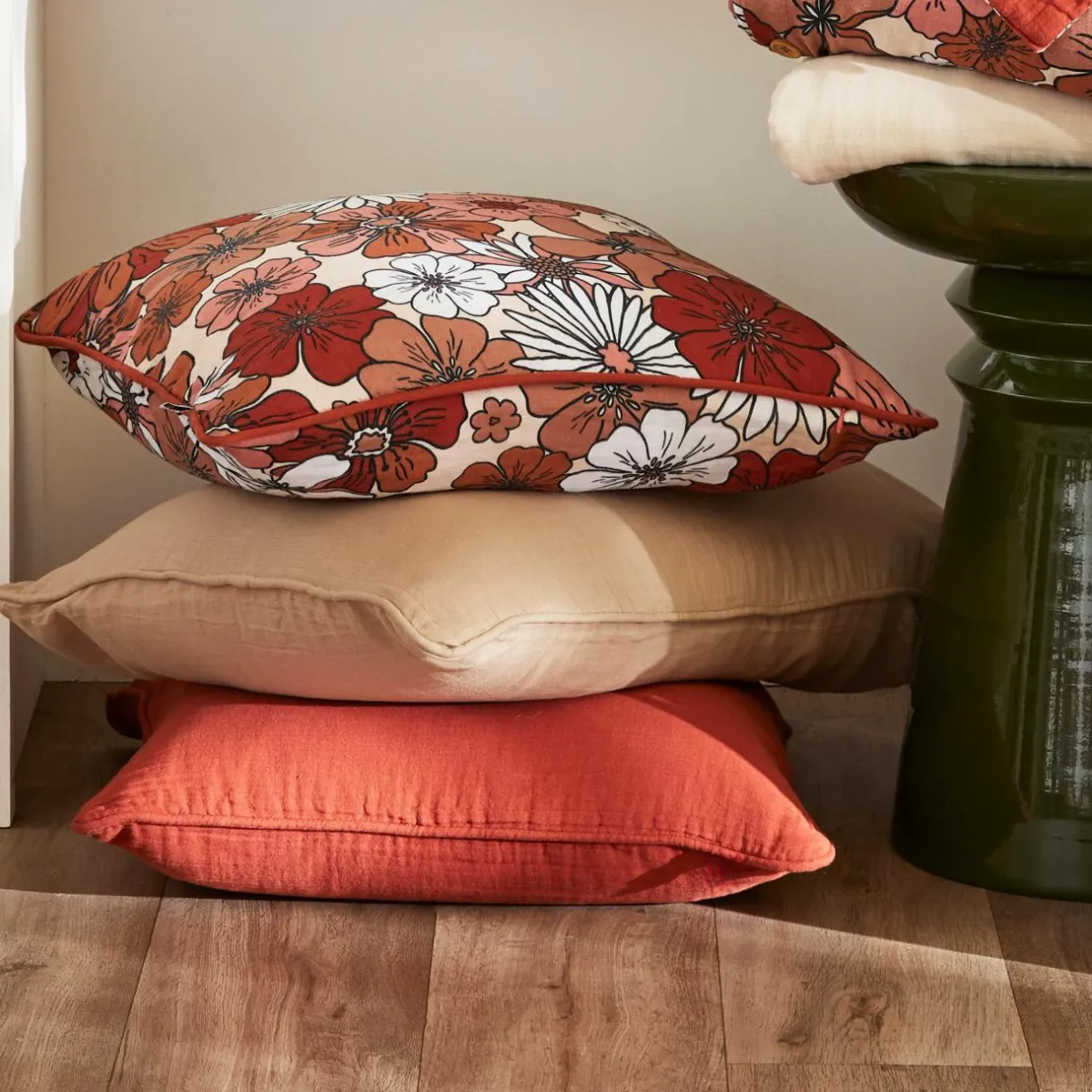 EMINZA Coussin carré gaze de coton (45 x 45 cm) Gaïa Azalée Terracotta Outlet