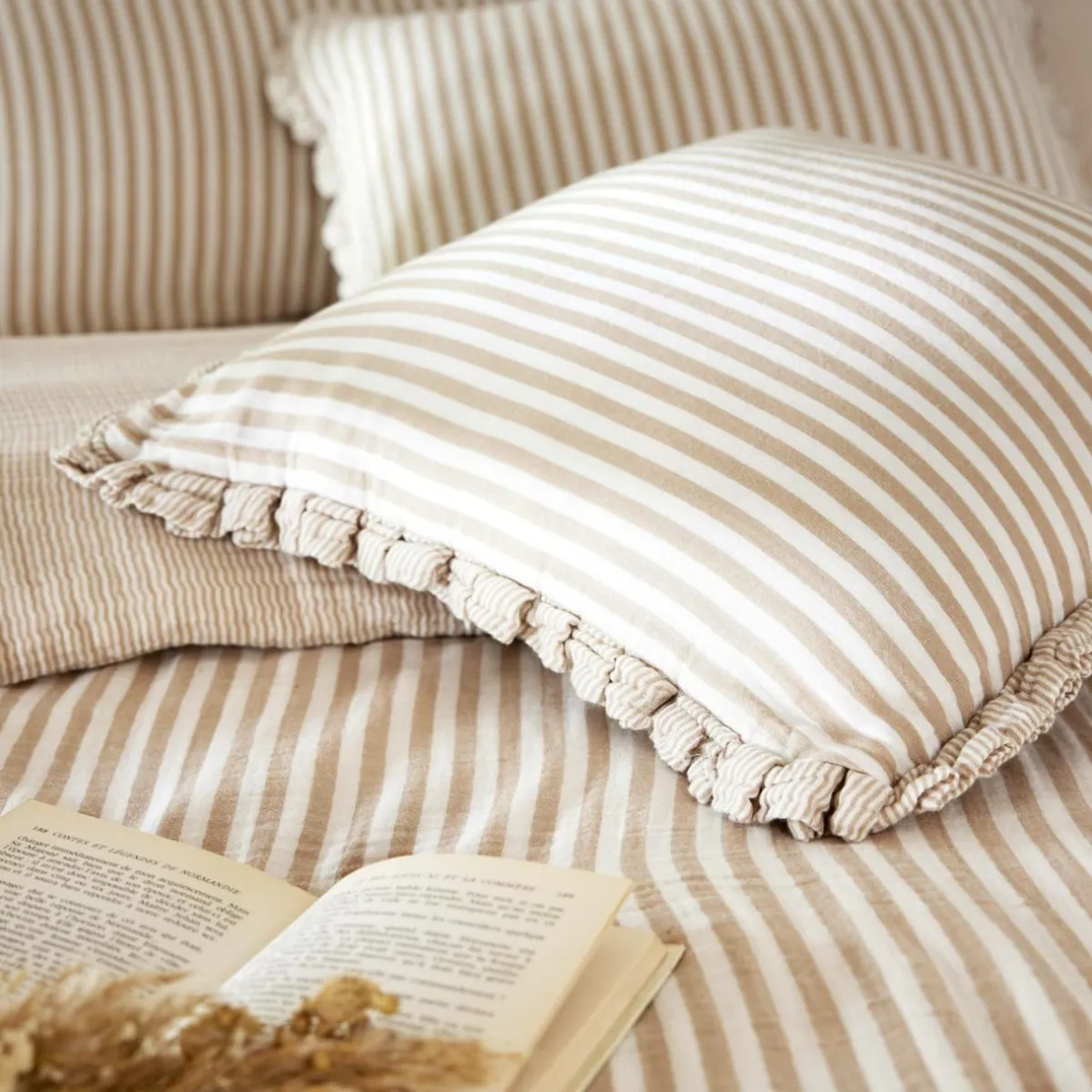 EMINZA Coussin carré gaze de coton (45 x 45 cm) Gaïa rayures Ficelle Rayure Ficelle Discount