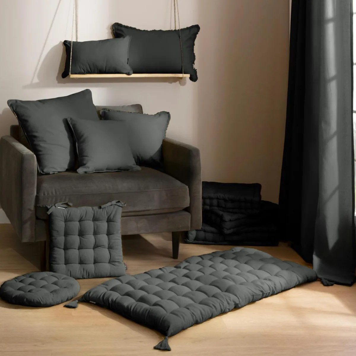 EMINZA Coussin de chaise carré coton (40 x 40 cm) Pixel Gris Anthracite New