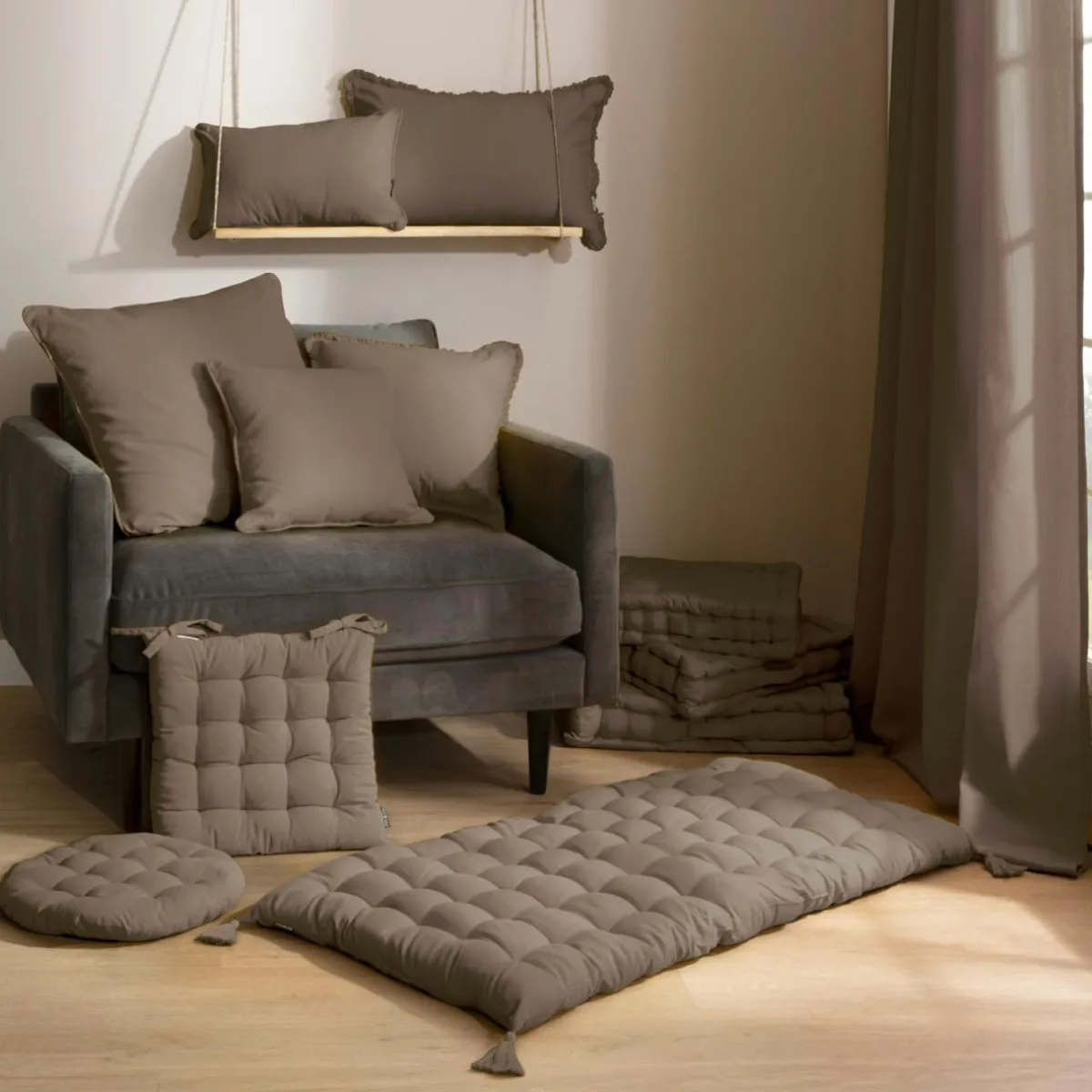 EMINZA Coussin de chaise rond coton (40 cm) Pixel Taupe