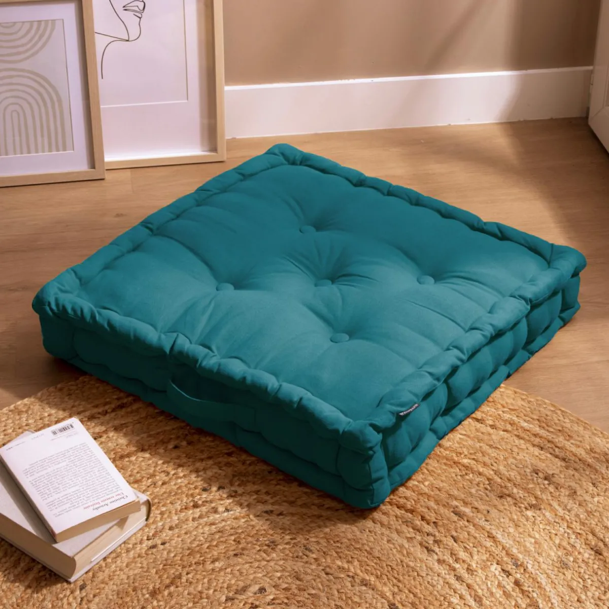 EMINZA Coussin de sol coton (60 x 60 cm) Pixel Bleu canard Clearance