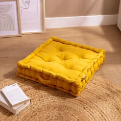 EMINZA Coussin de sol coton (50 x 50 cm) Pixel Jaune moutarde Hot