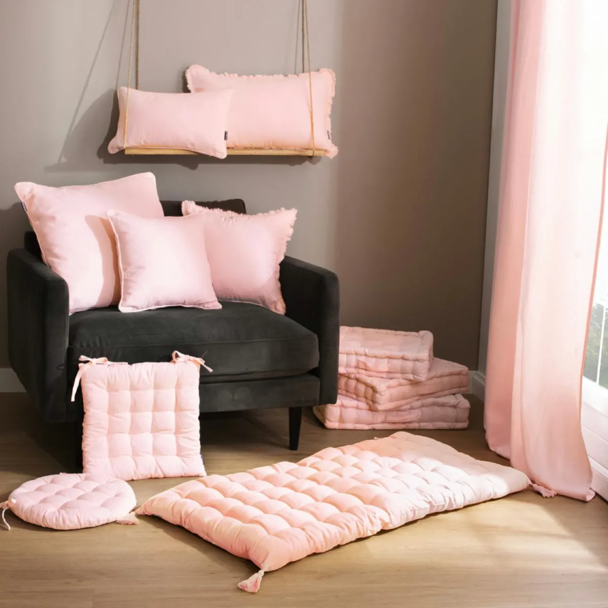 EMINZA Coussin de sol coton (60 x 60 cm) Pixel Rose poudré Discount
