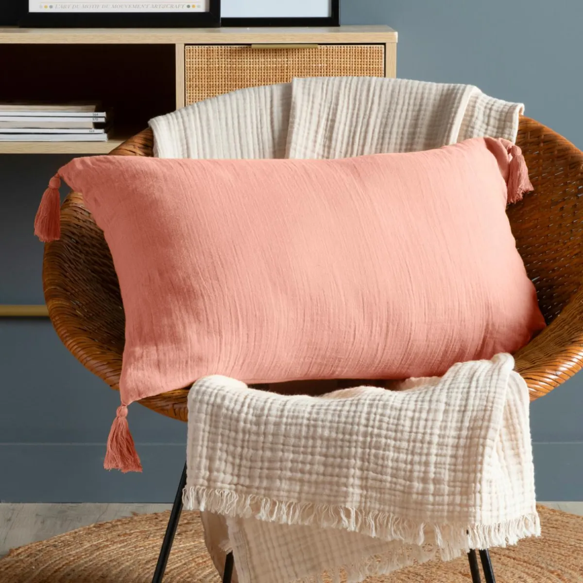 EMINZA Coussin rectangulaire gaze de coton (40 x 60 cm) Gaïa Rose Pêche Online