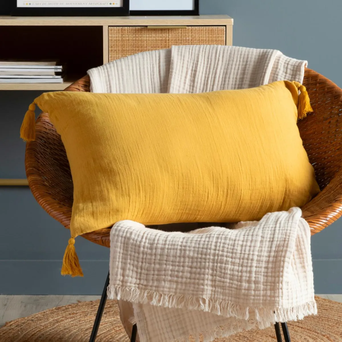 EMINZA Coussin rectangulaire gaze de coton (40 x 60 cm) Gaïa Jaune safran Hot