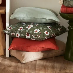 EMINZA Coussin rectangulaire gaze de coton (40 x 60 cm) Gaïa Marguerite Vert Romarin Outlet