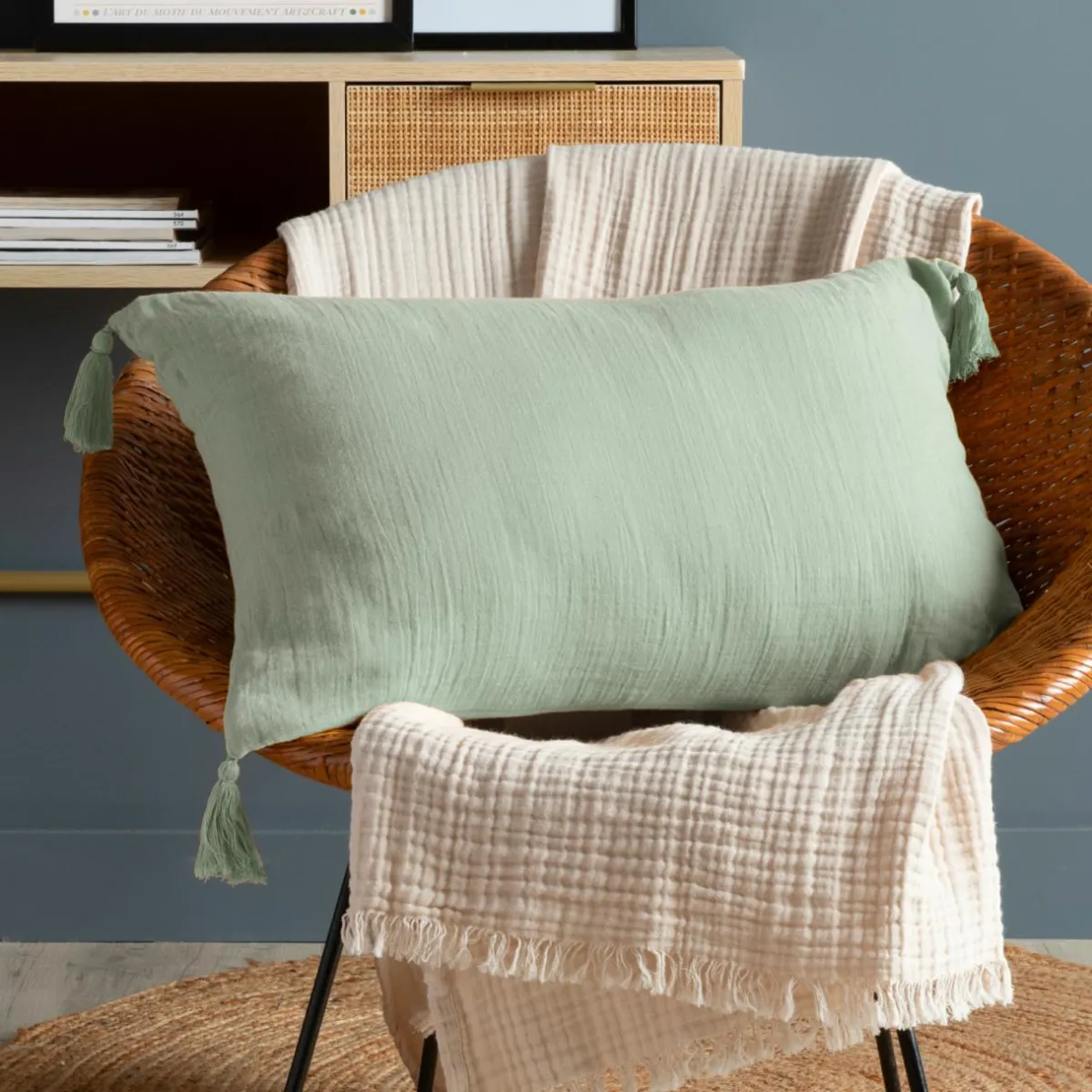 EMINZA Coussin rectangulaire gaze de coton (40 x 60 cm) Gaïa Vert Eucalyptus