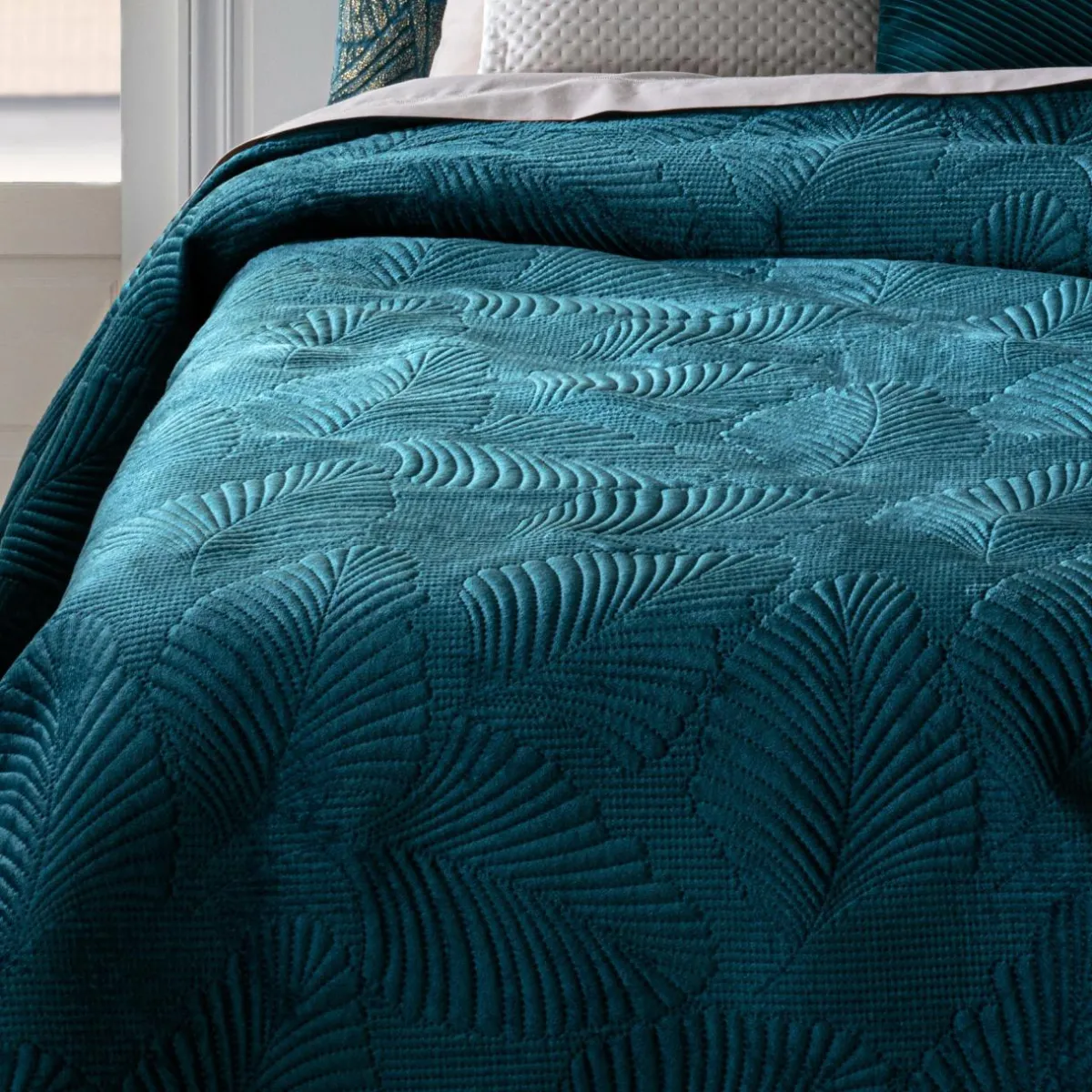ATMOSPHERA Couvre-lit (260 x 240 cm) Feuilles Bleu canard New