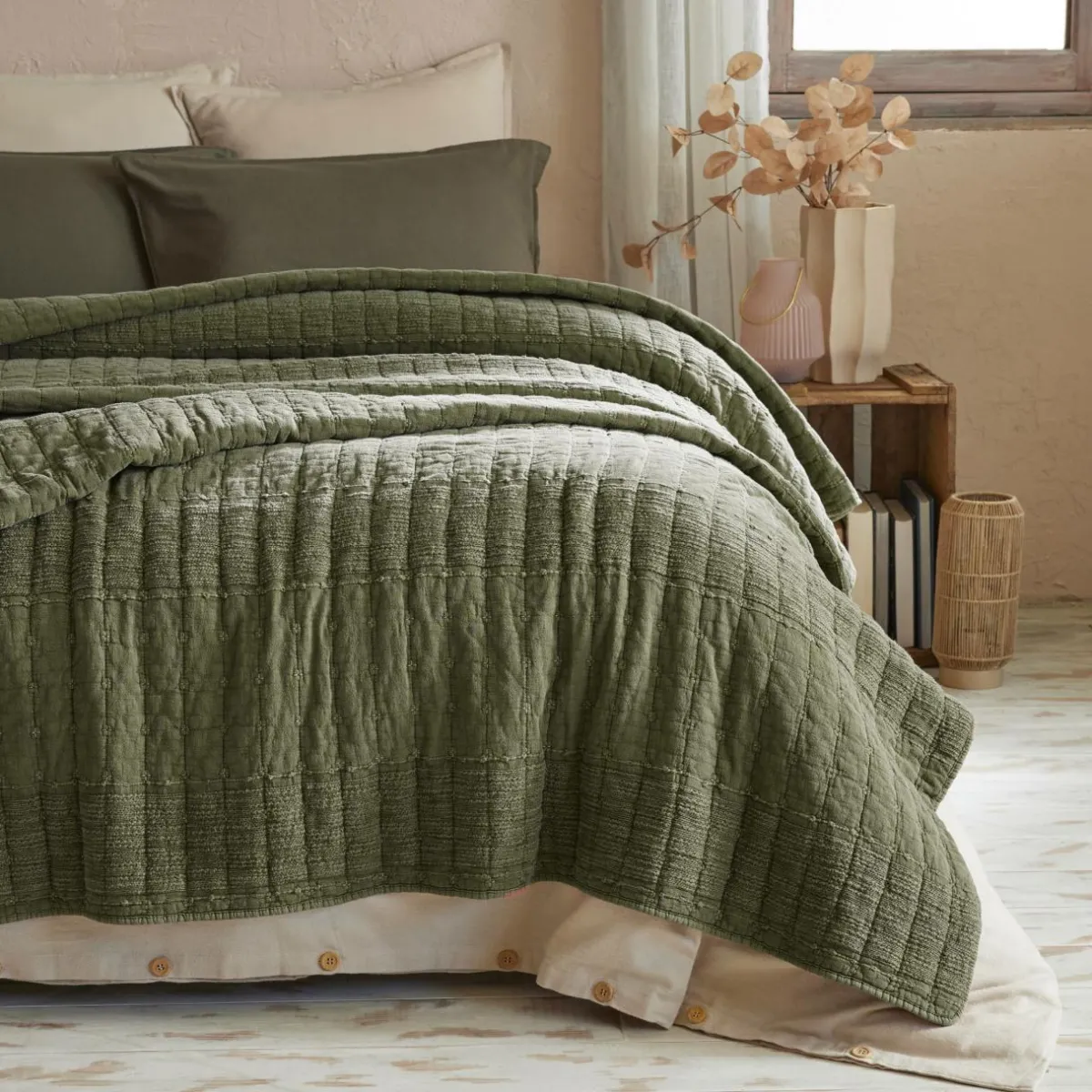 EMINZA Couvre-lit coton matelassé (220 x 240 cm) Lena Vert romarin Sale