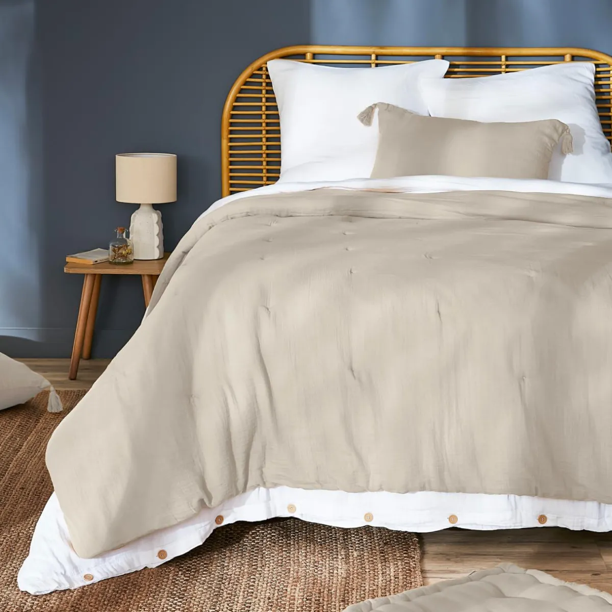 EMINZA Couvre-lit matelassé gaze de coton (260 x 240 cm) Gaïa pampa Beige New