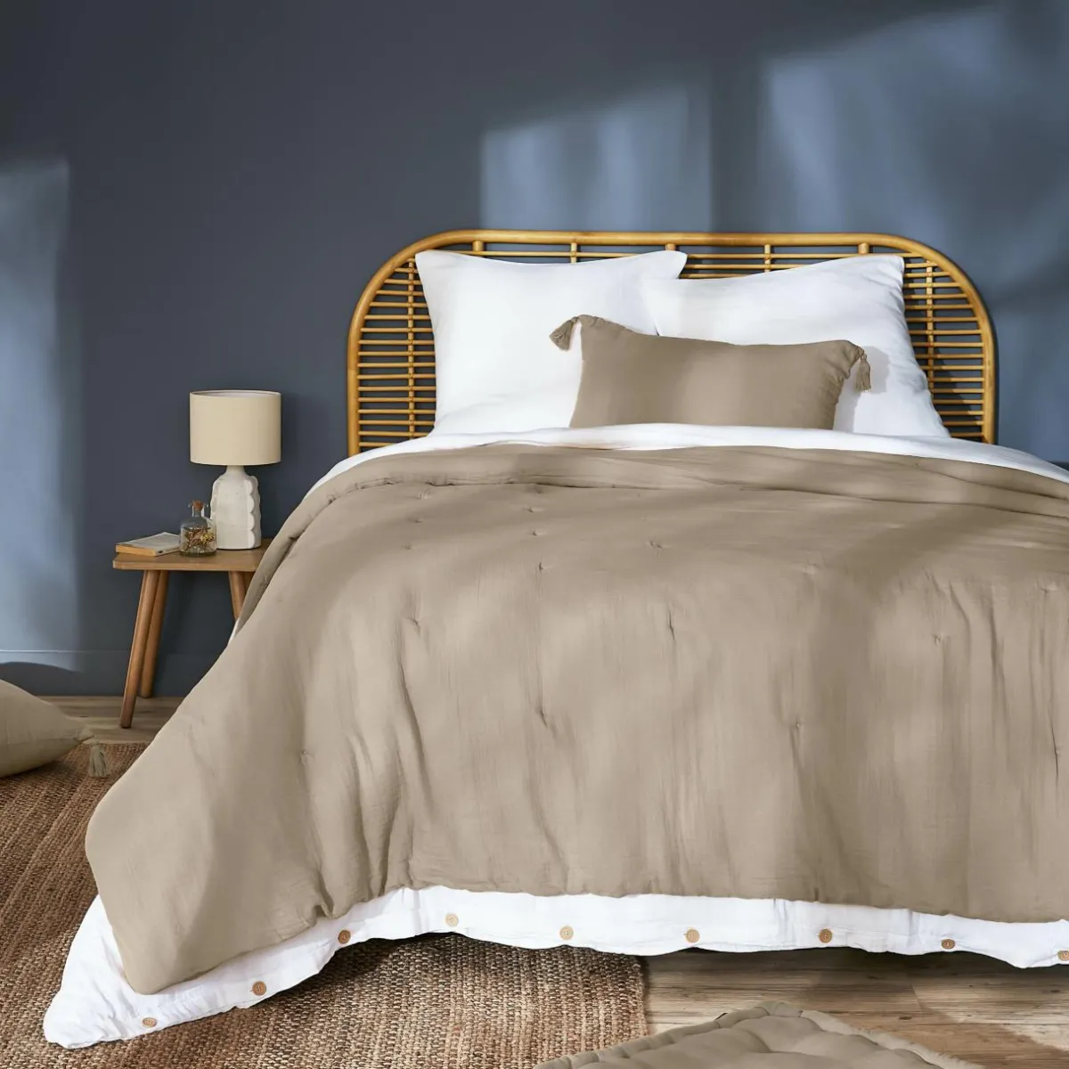EMINZA Couvre-lit matelassé gaze de coton (260 x 240 cm) Gaïa Ficelle Outlet