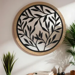 EMINZA Décoration murale ronde en métal (D60 cm) Éclat de Feuille Noir Hot