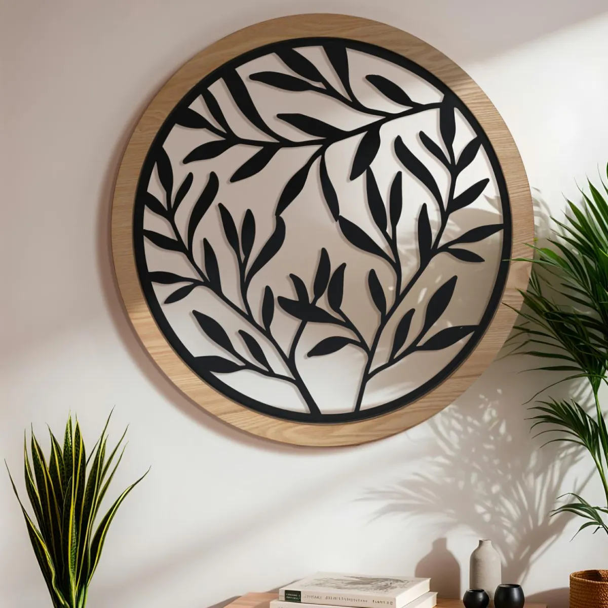 EMINZA Décoration murale ronde en métal (D60 cm) Éclat de Feuille Noir Hot
