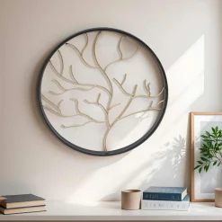 EMINZA Décoration murale ronde en métal (D28 cm) Arbre contemporain et doré Noir Clearance