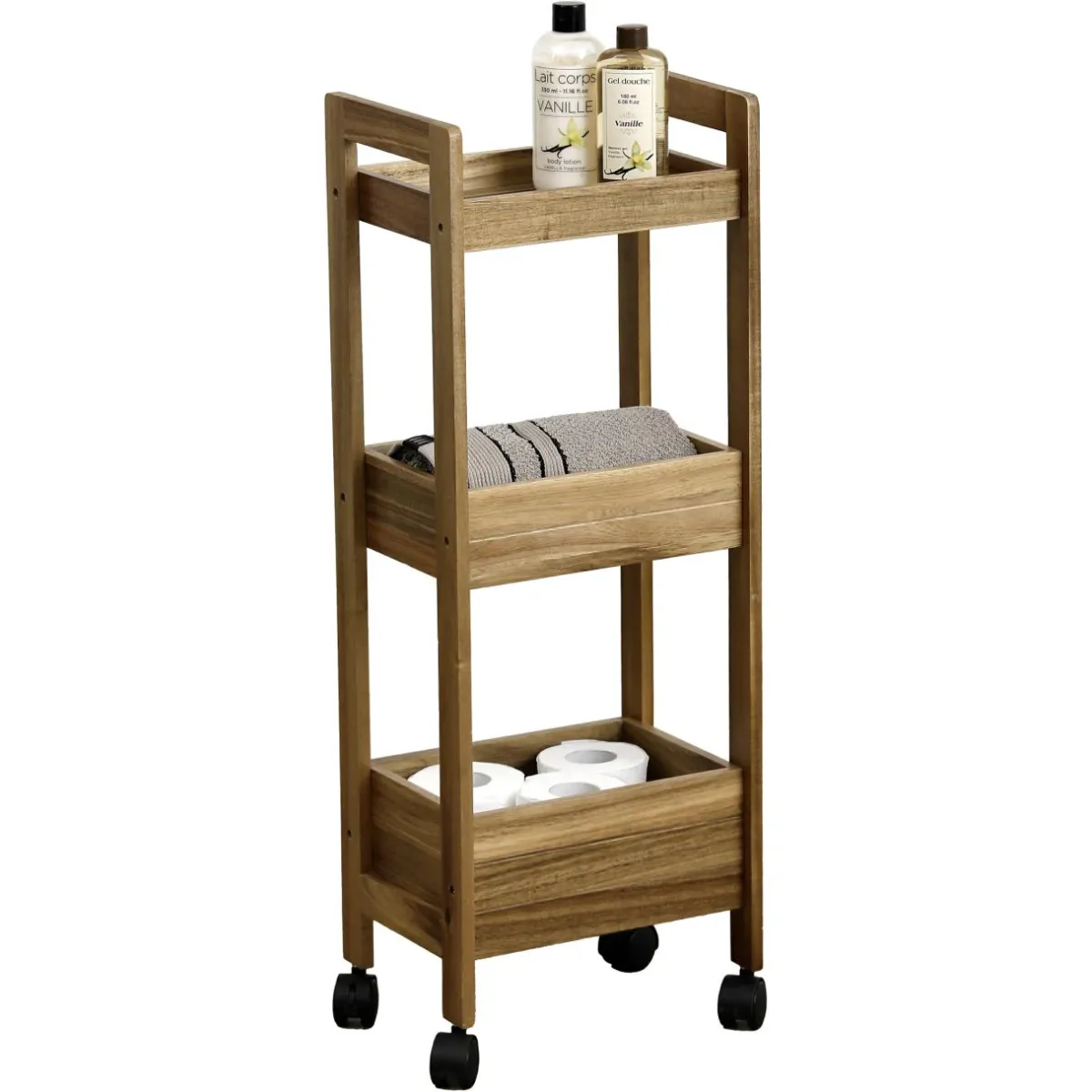 TENDANCE Desserte à roulettes 3 niveaux bois d'acacia (H79 cm) Lina Marron Outlet