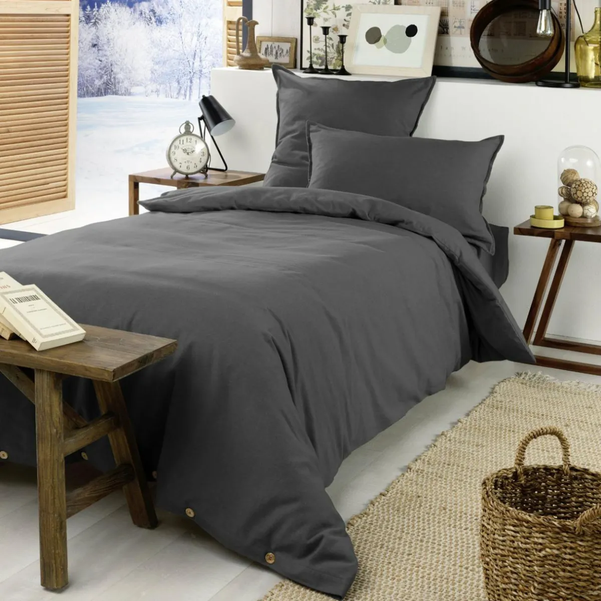 EMINZA Drap housse flanelle de coton (90 x 190 cm) Théa Gris Anthracite New