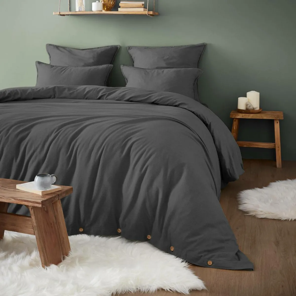 EMINZA Drap housse flanelle de coton (180 x 200 cm) Nina Gris Anthracite Discount