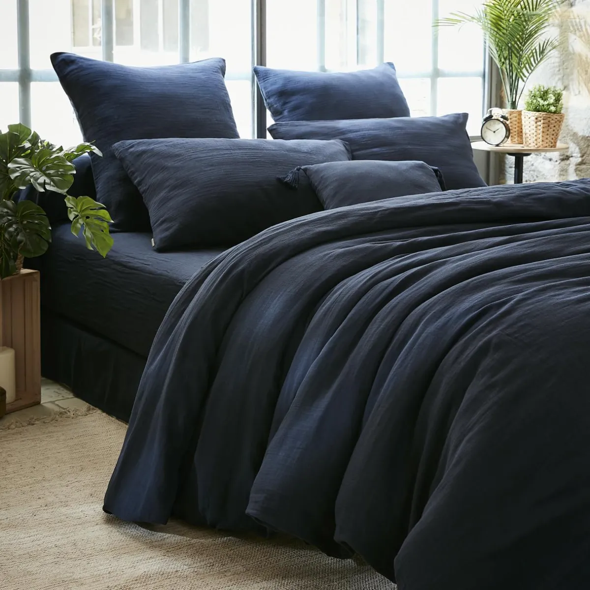 EMINZA Drap housse gaze de coton (200 x 200 cm) Gaïa Bleu nuit Discount